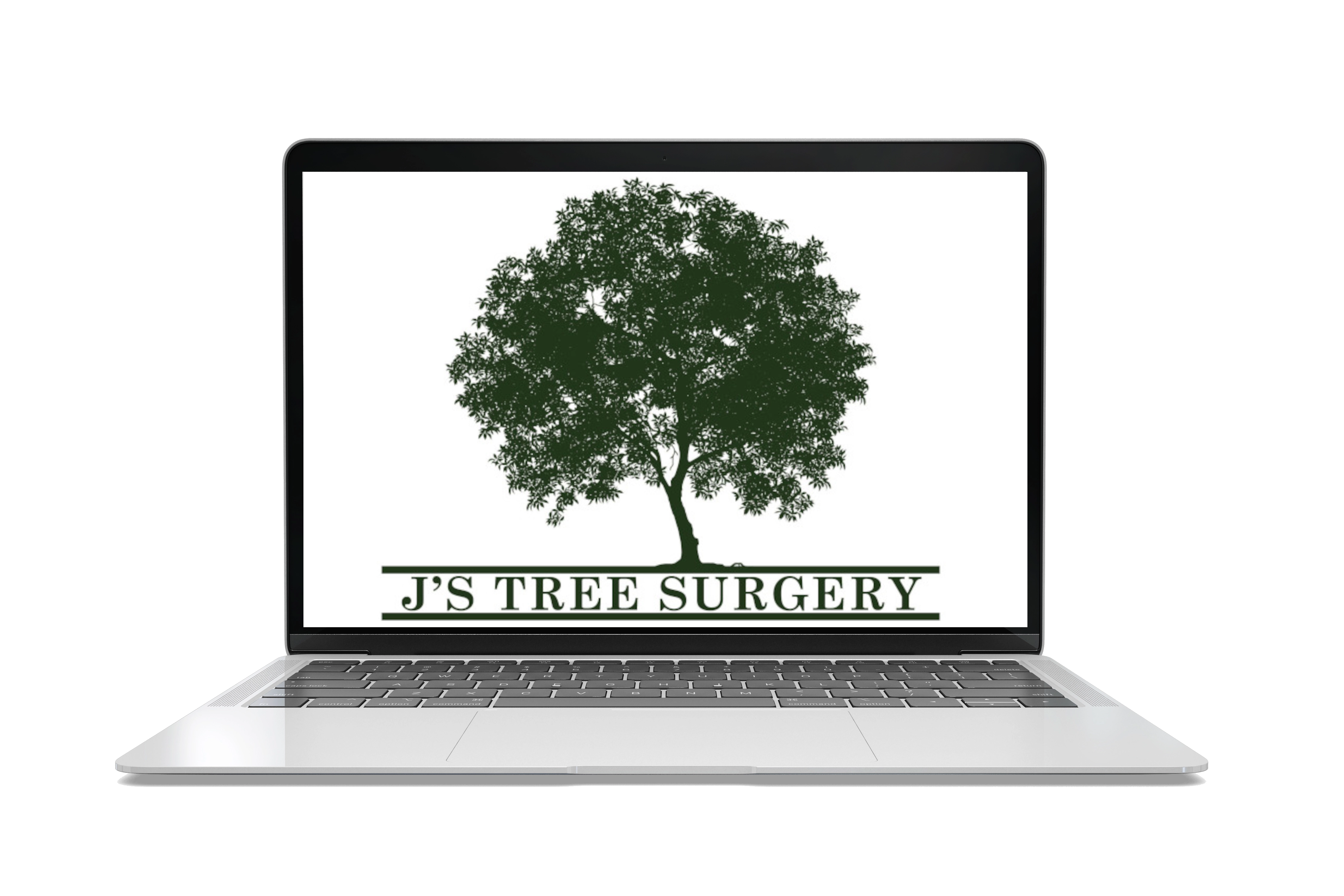 js tree surgery logo on a macbook screen. logo is off a large green tree whith js tree surgery wqritten below. all in green